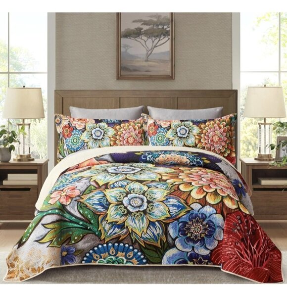 3 Piece Boho Floral Quilt Set King Size Colorful Bohemian Contemporary Flower - Picture 1 of 6